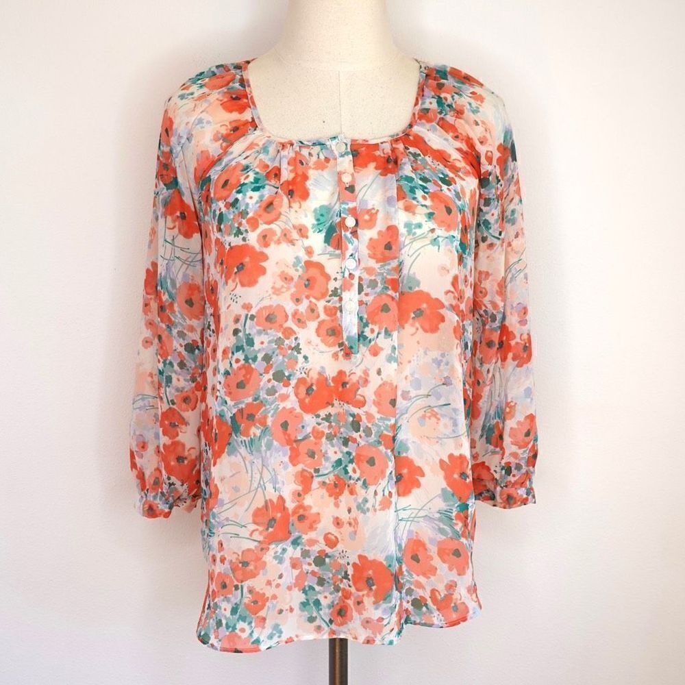 LC Lauren Conrad Bloomfest Popover Blouse White Green Coral Floral - S